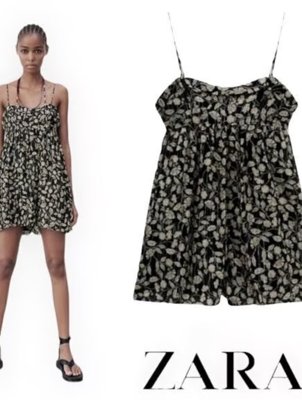 Zara Black Romper Size Medium with Cream Leaf Print